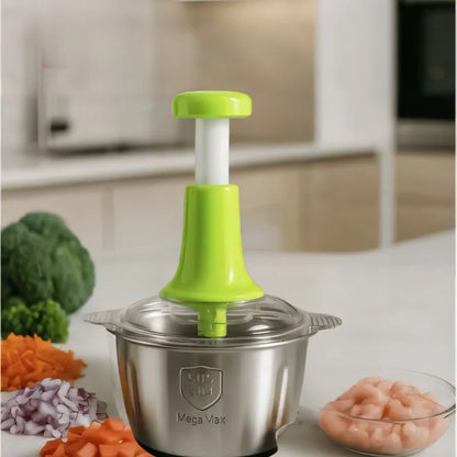 Stainless Steel Manual Food Chopper 2L – Multi-Purpose Vegetable, Fruit & Nut Cutter with Hand Push Blades