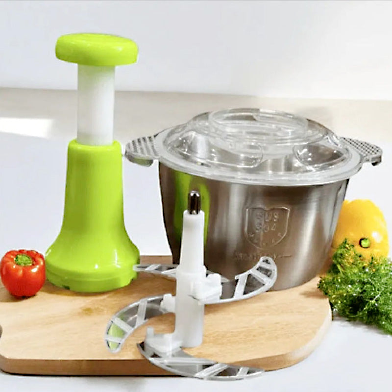 Stainless Steel Manual Food Chopper 2L – Multi-Purpose Vegetable, Fruit & Nut Cutter with Hand Push Blades